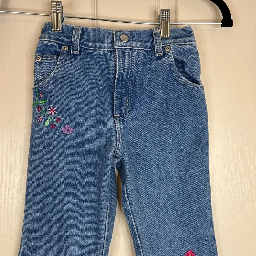Vtg Y2K Sonoma Jean Co‎ Girls Flare Jeans Denim Embroidered Flower Pink Trim 6X